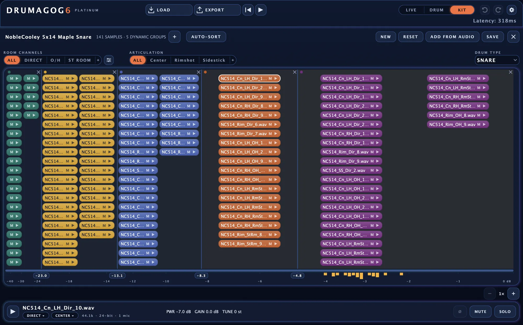 The GOG editor: samples as colored buttons in dynamic-group columns, from soft at the left to loud at the right